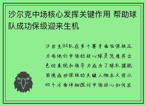 沙尔克中场核心发挥关键作用 帮助球队成功保级迎来生机