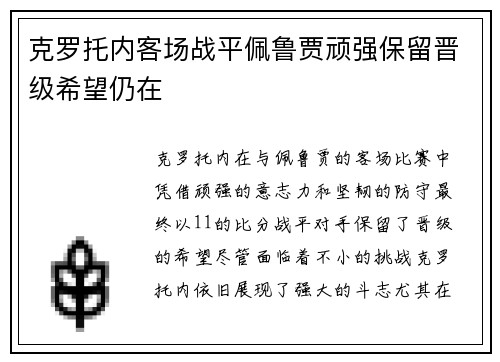 克罗托内客场战平佩鲁贾顽强保留晋级希望仍在